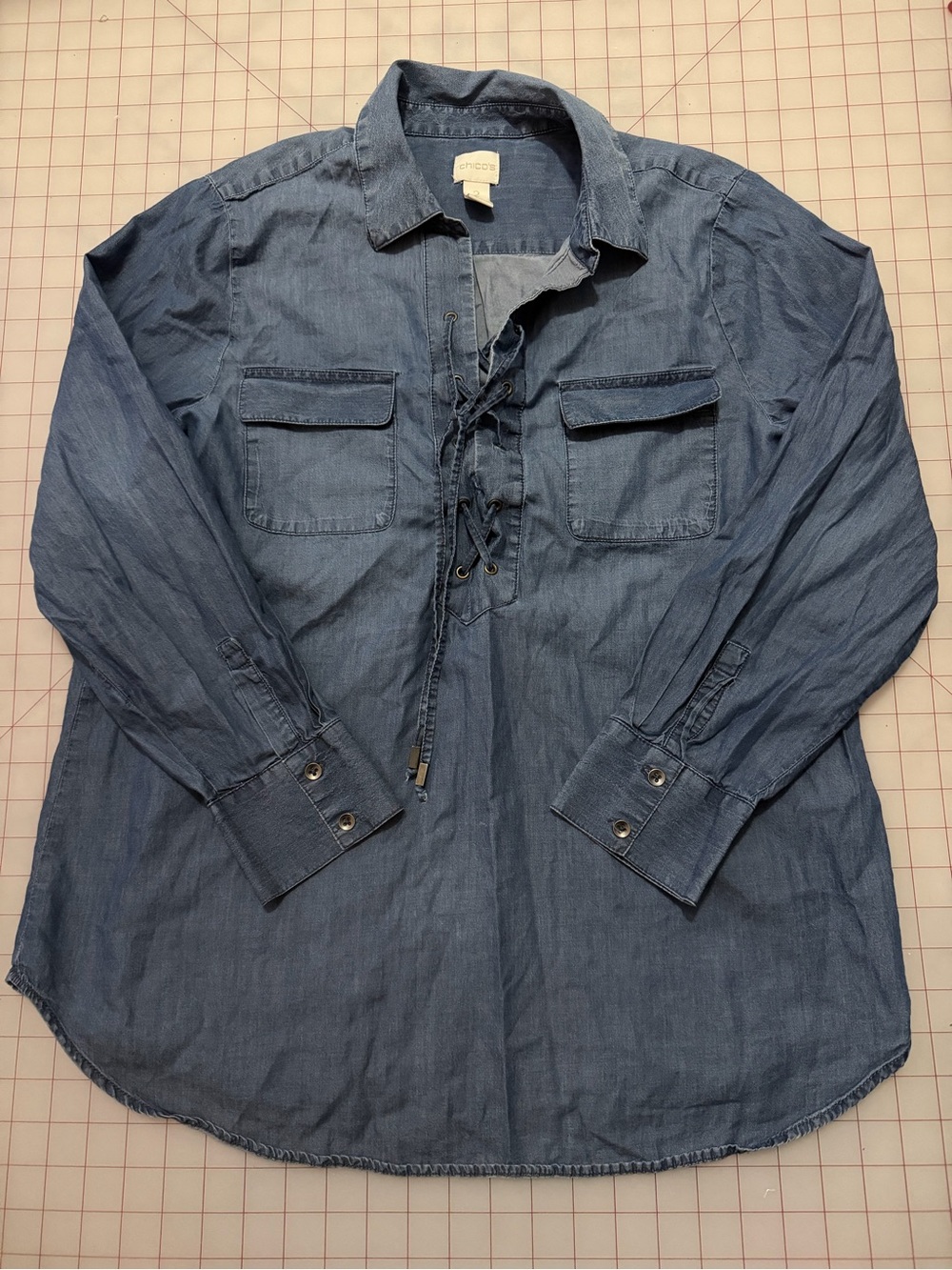 Chico's Tencel Denim Chambray Lace Up Tunic Blouse Top Size 2 Large 12 14